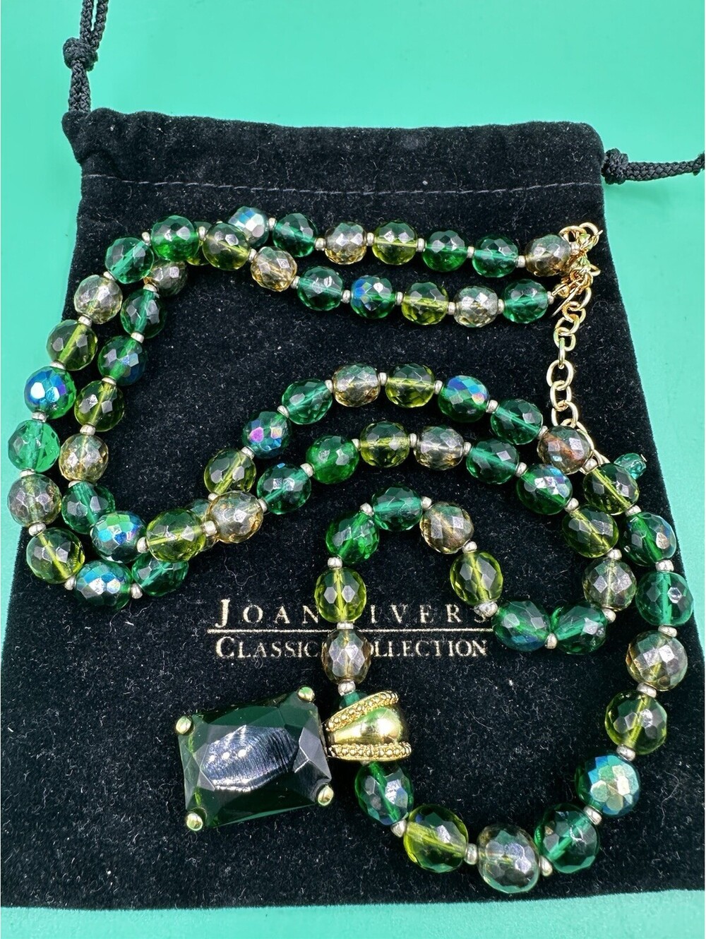 Vintage Joan Rivers Green Acrylic Lucite Necklace/ Pendant Beaded Gold Tone 32”